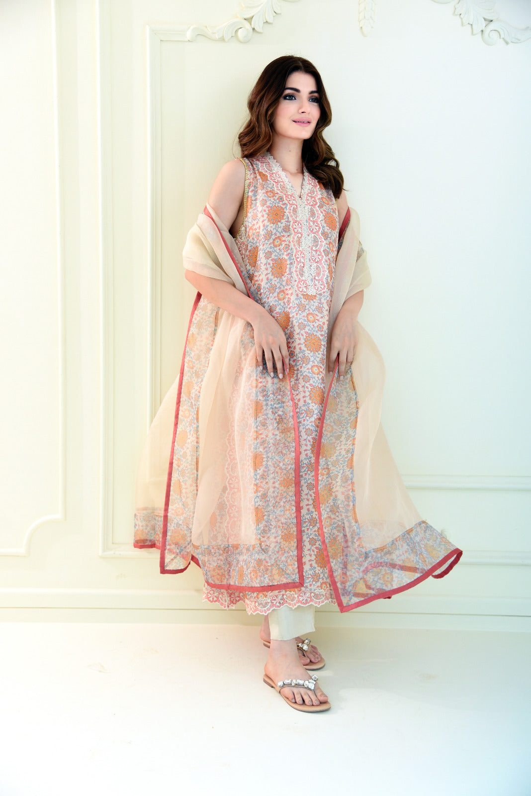 Coral Embroidered Printed Raw Silk Salwar Kameez (3-Piece) - Image 1