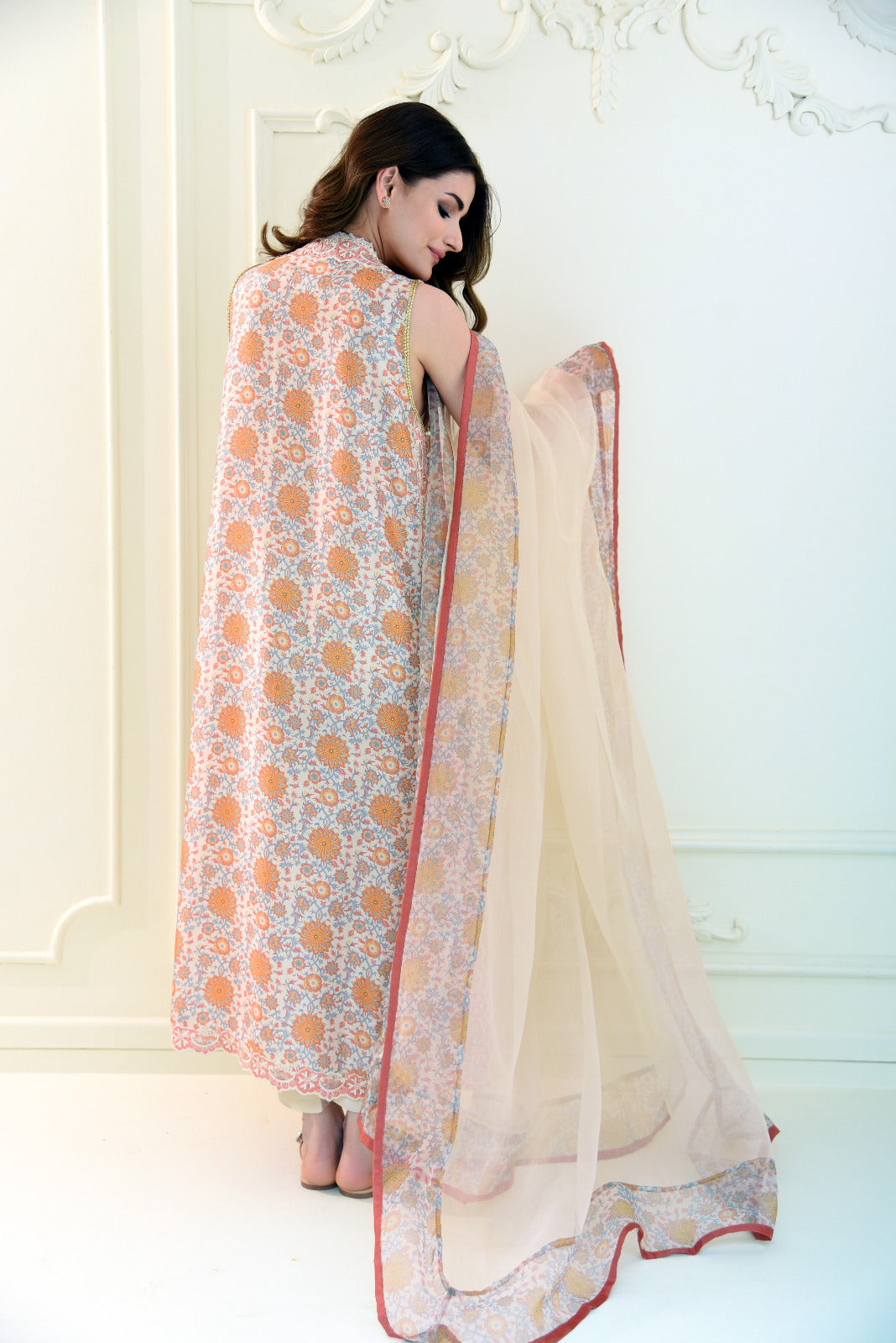 Coral Embroidered Printed Raw Silk Salwar Kameez (3-Piece) - Image 2