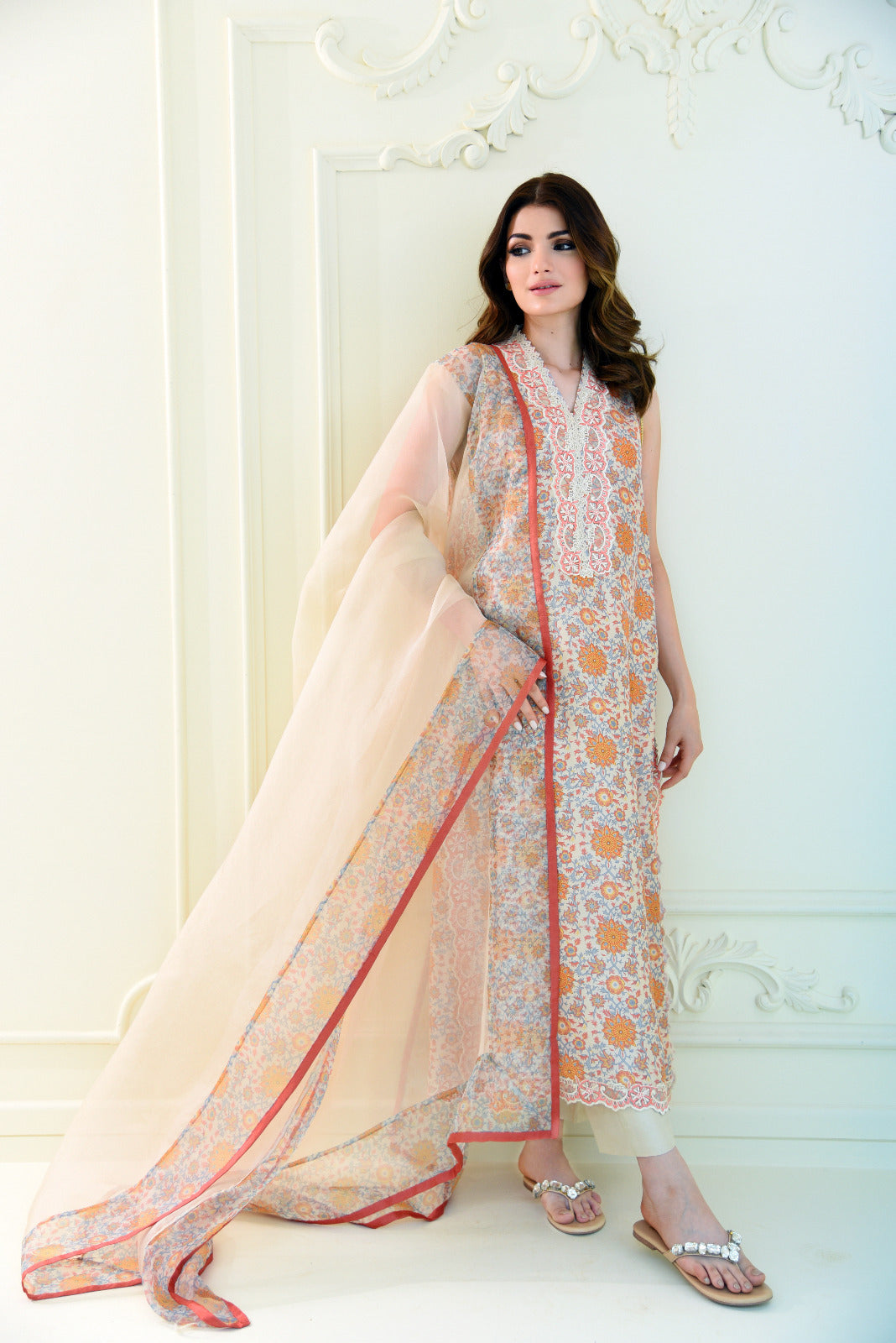 Coral Embroidered Printed Raw Silk Salwar Kameez (3-Piece) - Image 3