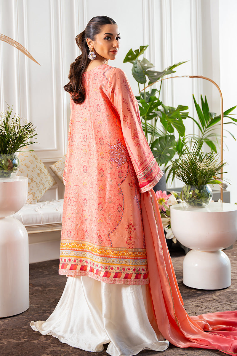 Pakistani Coral & Candy Pink Embroidered Raw Silk Salwar Kameez (3-Piece) - Image 2