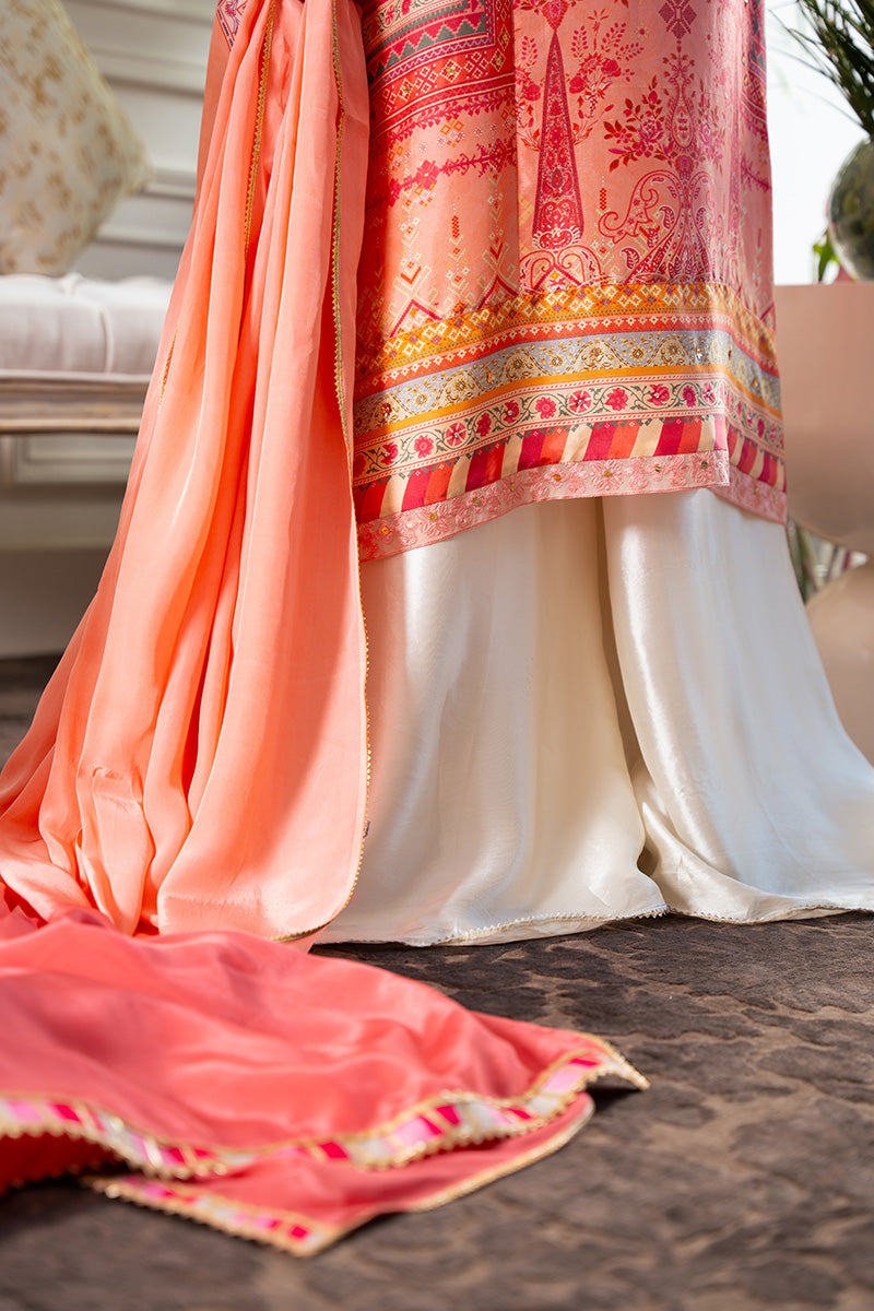 Pakistani Coral & Candy Pink Embroidered Raw Silk Salwar Kameez (3-Piece) - Image 4