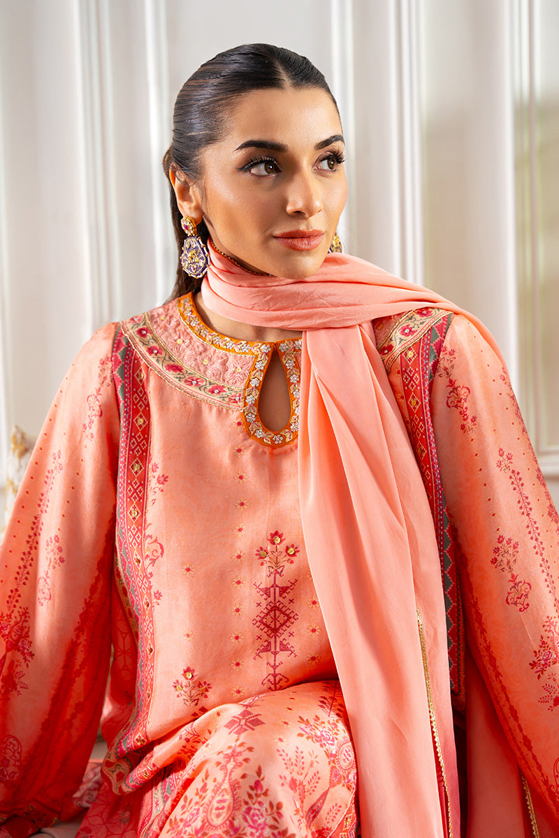 Pakistani Coral & Candy Pink Embroidered Raw Silk Salwar Kameez (3-Piece) - Image 8