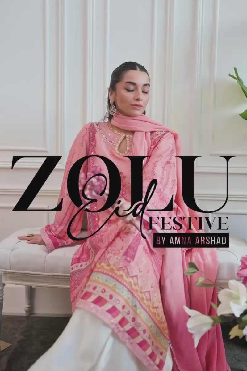 Pakistani Coral & Candy Pink Embroidered Raw Silk Salwar Kameez (3-Piece) - Image 9