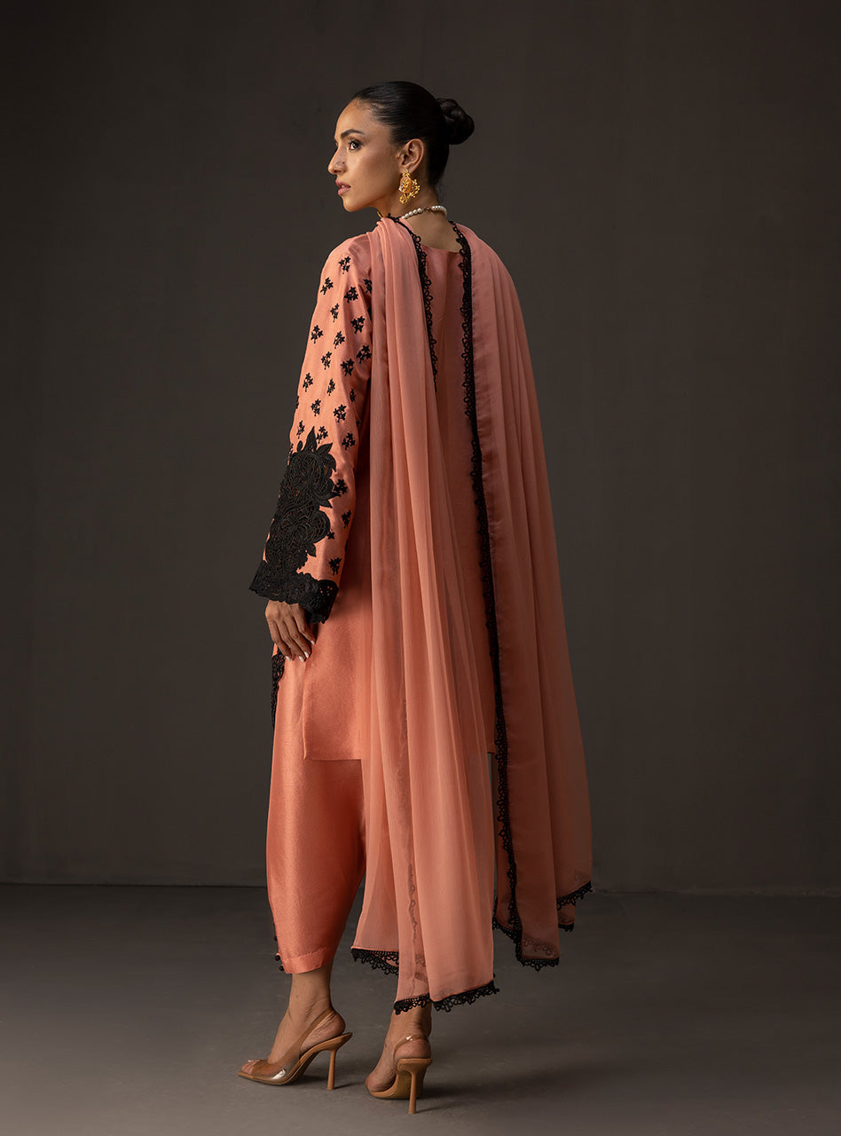 Pakistani Soft Coral Embroidered Raw Silk Kurta Set (3-Piece) - Image 3