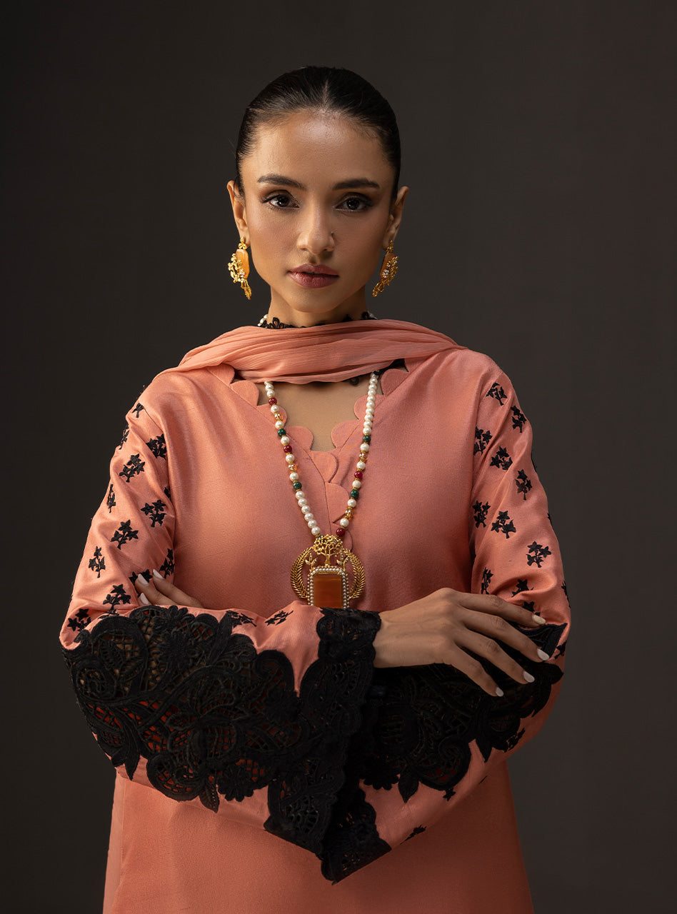 Pakistani Soft Coral Embroidered Raw Silk Kurta Set (3-Piece) - Image 5