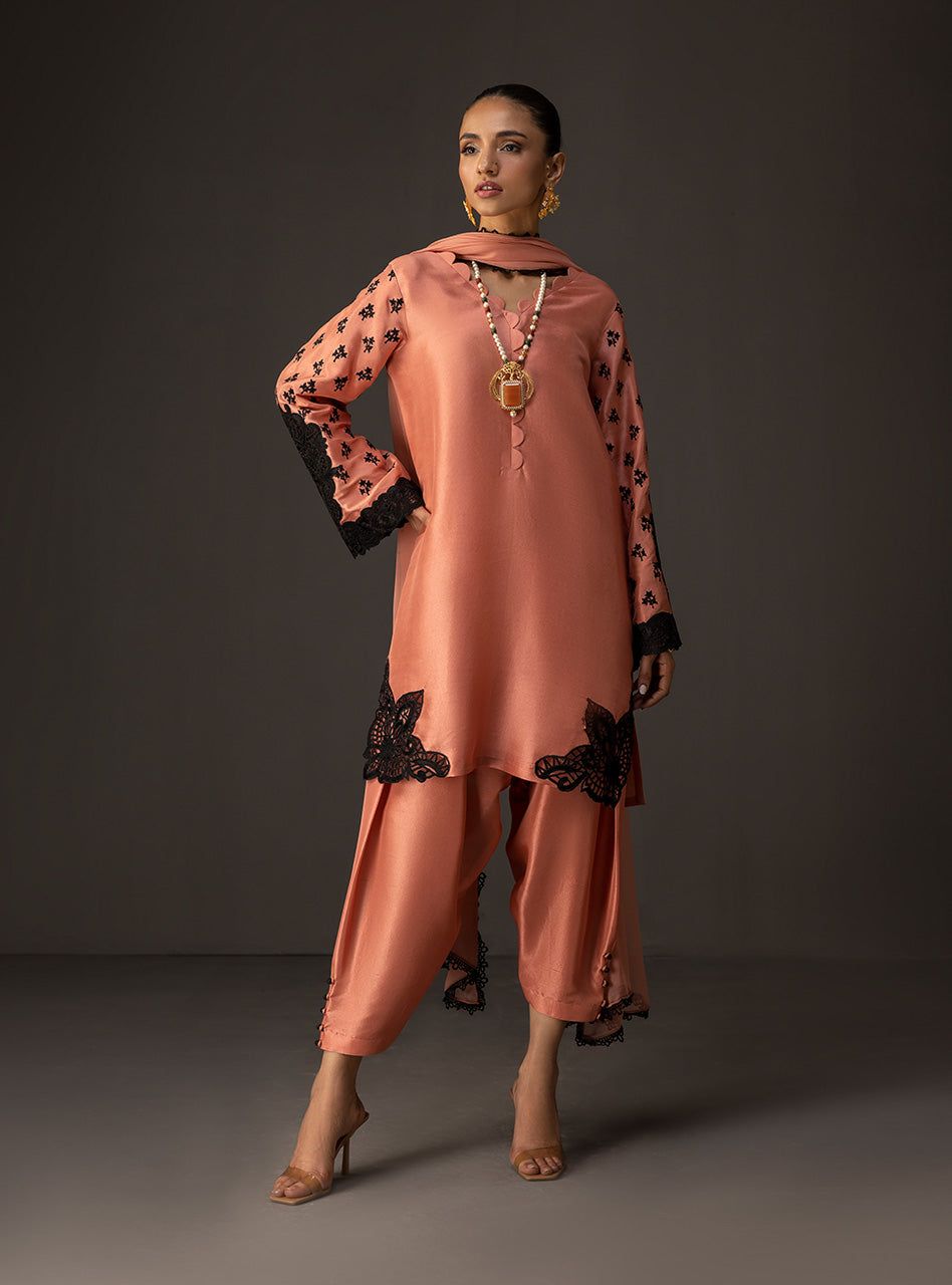 Soft Coral Embroidered Raw Silk Shalwar Kameez (3-Piece) - Image 1