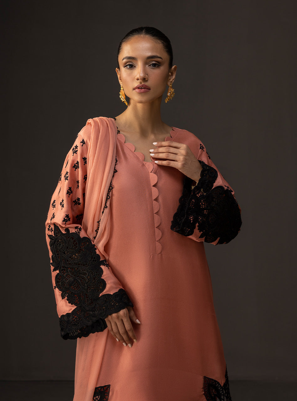 Soft Coral Embroidered Raw Silk Shalwar Kameez (3-Piece) - Image 3