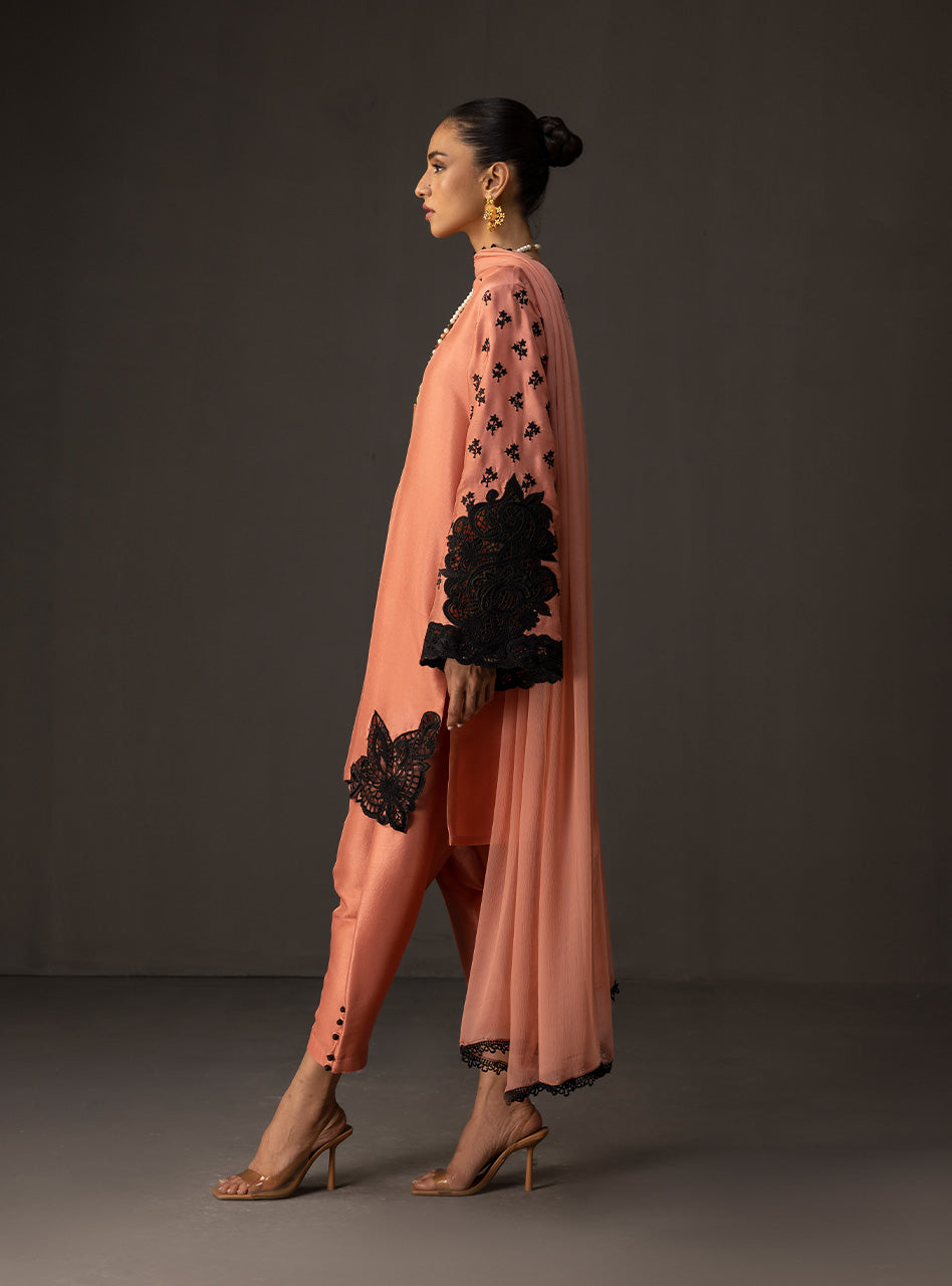 Soft Coral Embroidered Raw Silk Shalwar Kameez (3-Piece) - Image 4