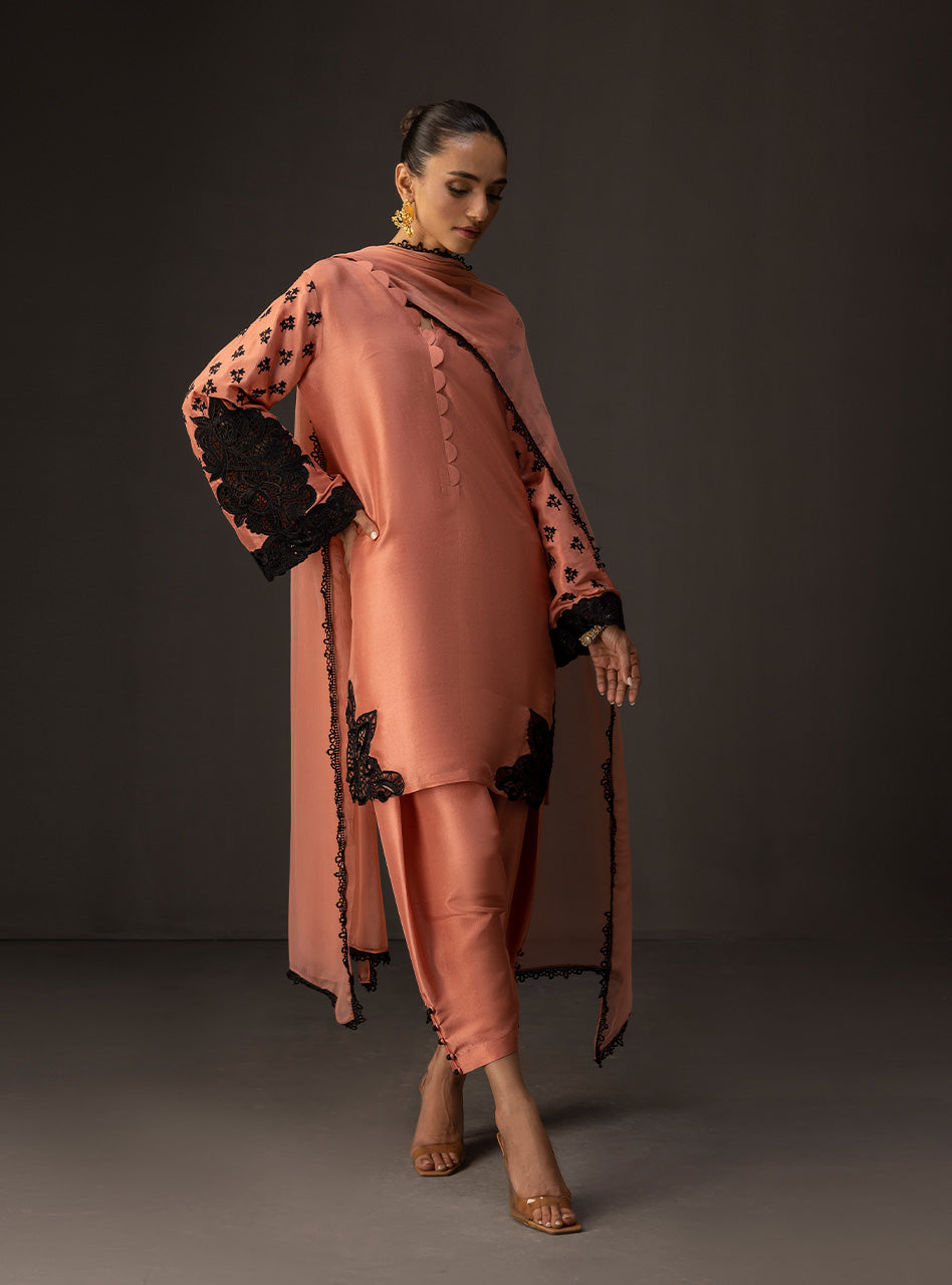 Soft Coral Embroidered Raw Silk Shalwar Kameez (3-Piece) - Image 6