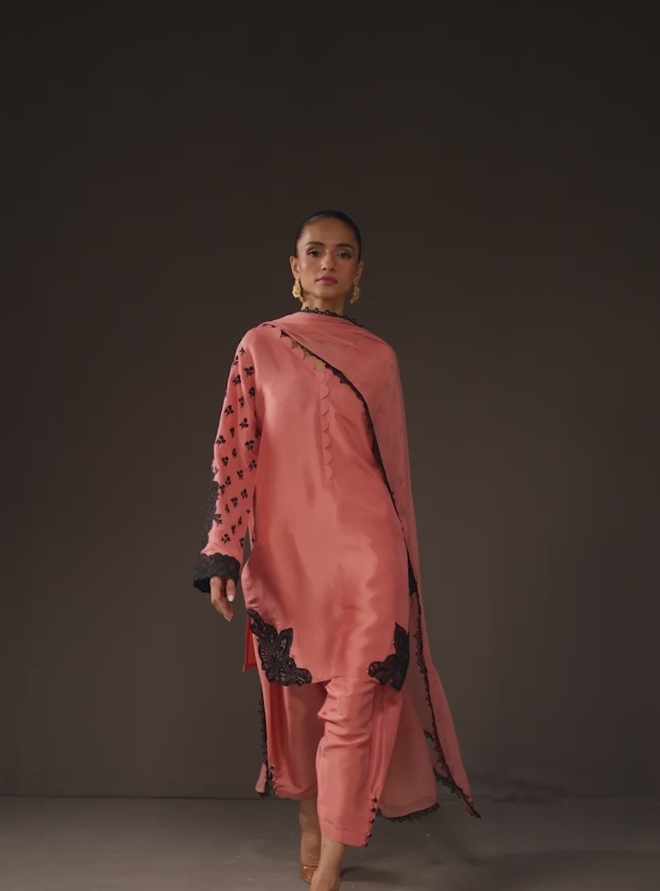 Soft Coral Embroidered Raw Silk Kurta Set (3-Piece) - Image 8