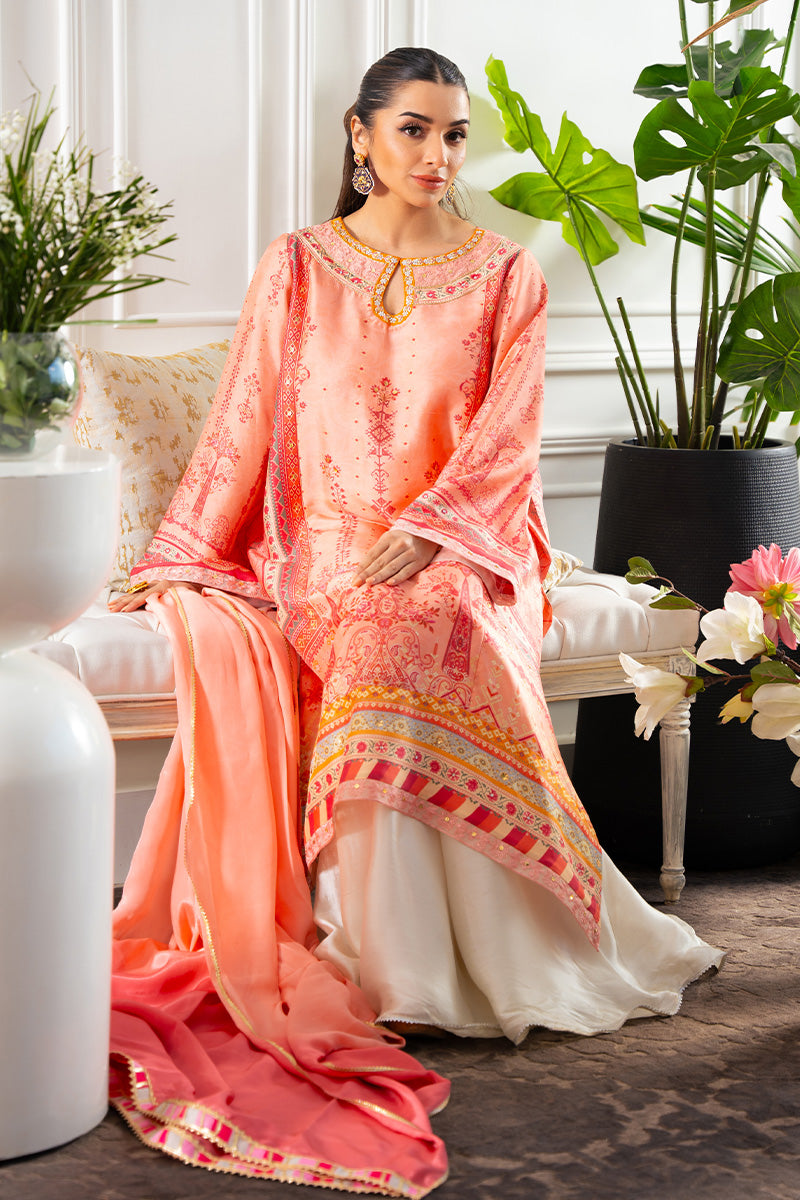 Pakistani Coral & Candy Pink Embroidered Rawsilk Salwar Kameez (3-Piece) - Image 5