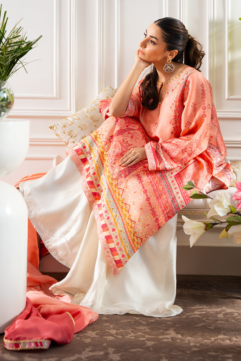 Pakistani Coral & Candy Pink Embroidered Rawsilk Salwar Kameez (3-Piece) - Image 6