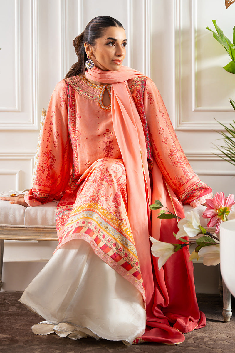 Pakistani Coral & Candy Pink Embroidered Rawsilk Salwar Kameez (3-Piece) - Image 9