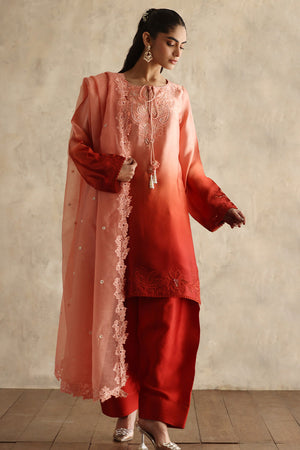 Coral Rust Embroidered Silk Salwar Kameez (3-Piece) - Image 4