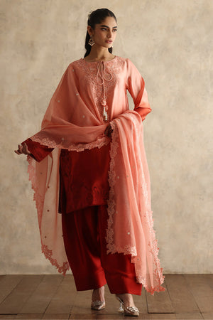Coral Rust Embroidered Silk Salwar Kameez (3-Piece) - Image 5