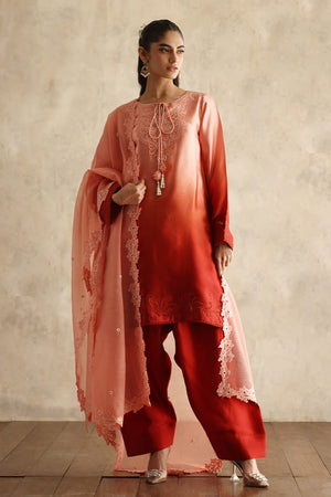 Pakistani Coral and Rust Ombré Silk Embroidered Salwar Kameez (3-Piece) - Image 1