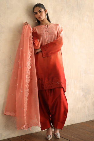 Pakistani Coral and Rust Ombré Silk Embroidered Salwar Kameez (3-Piece) - Image 2