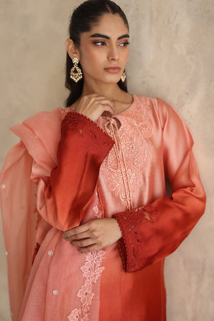 Pakistani Coral and Rust Ombré Silk Embroidered Salwar Kameez (3-Piece) - Image 3