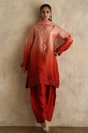 Pakistani Coral and Rust Ombré Silk Embroidered Salwar Kameez (3-Piece) - Image 6