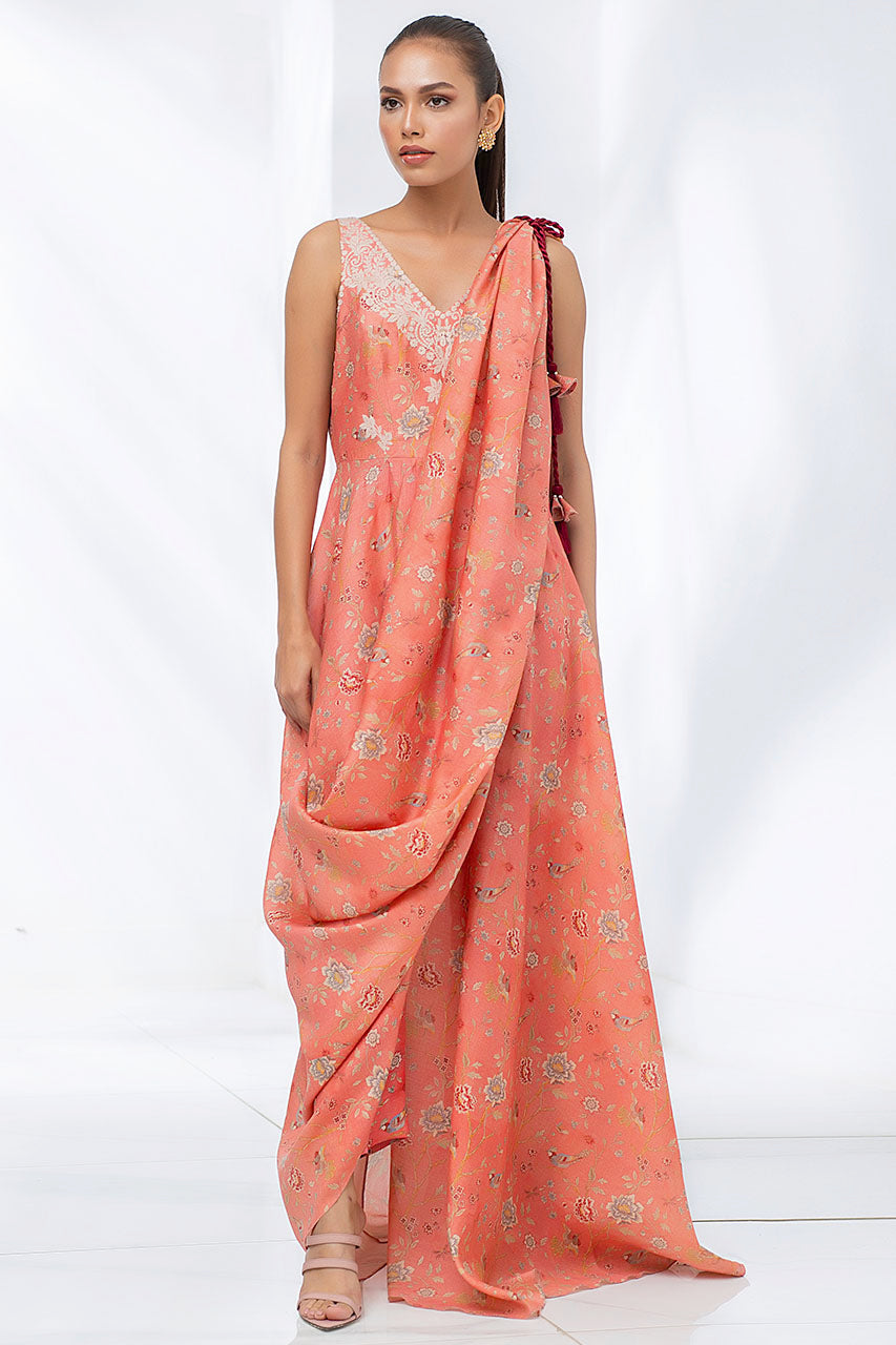 Pakistani Coral Peach Aari Embroidered Khaddi Silk Draped Sari (2-Piece) - Image 1