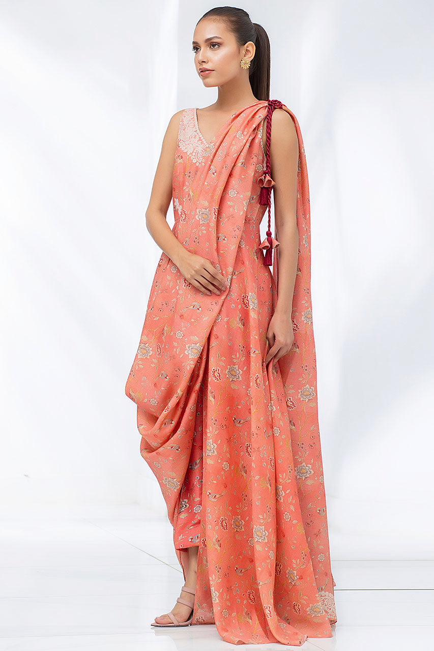 Pakistani Coral Peach Aari Embroidered Khaddi Silk Draped Sari (2-Piece) - Image 2