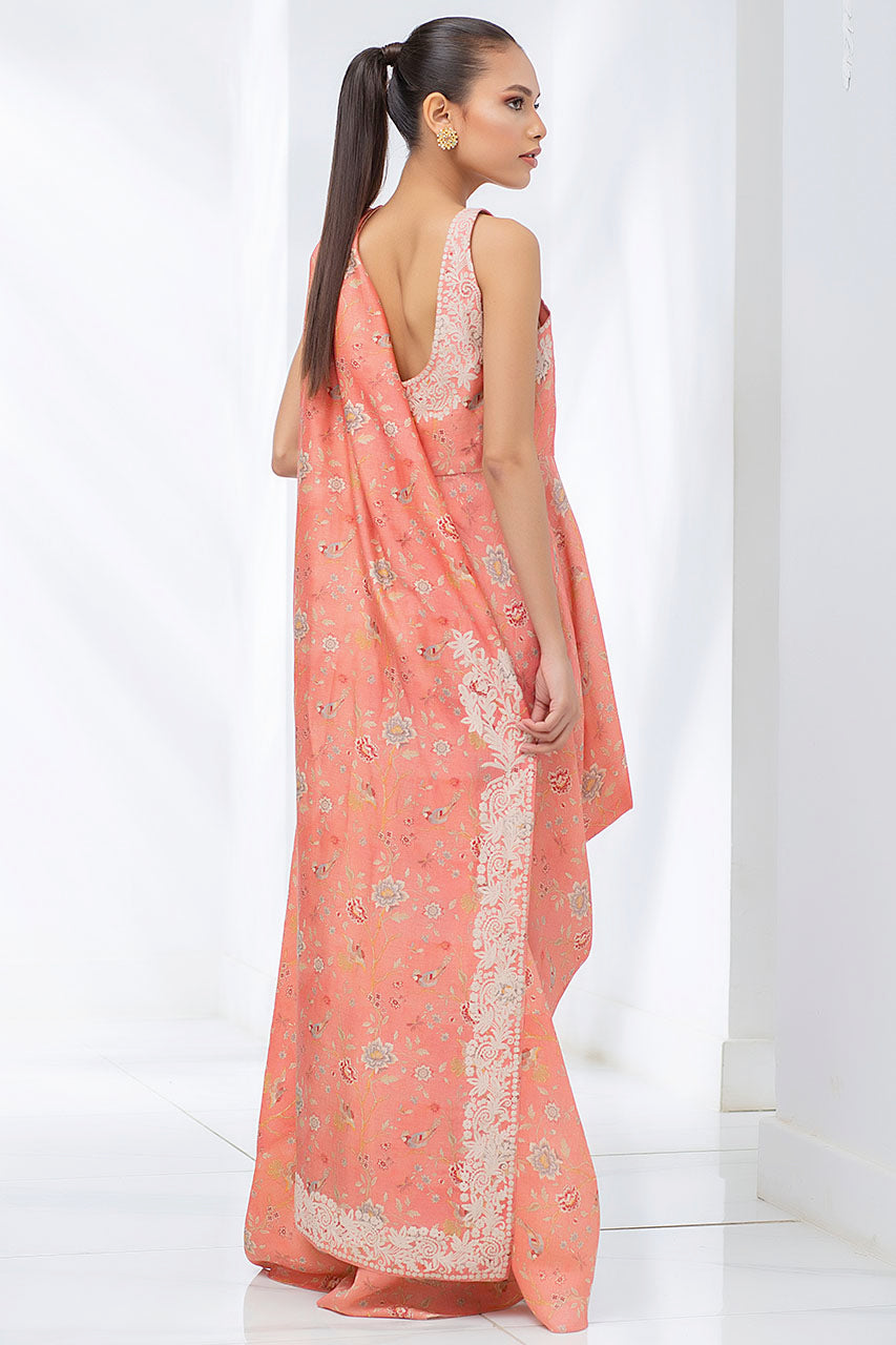 Pakistani Coral Peach Aari Embroidered Khaddi Silk Draped Sari (2-Piece) - Image 3