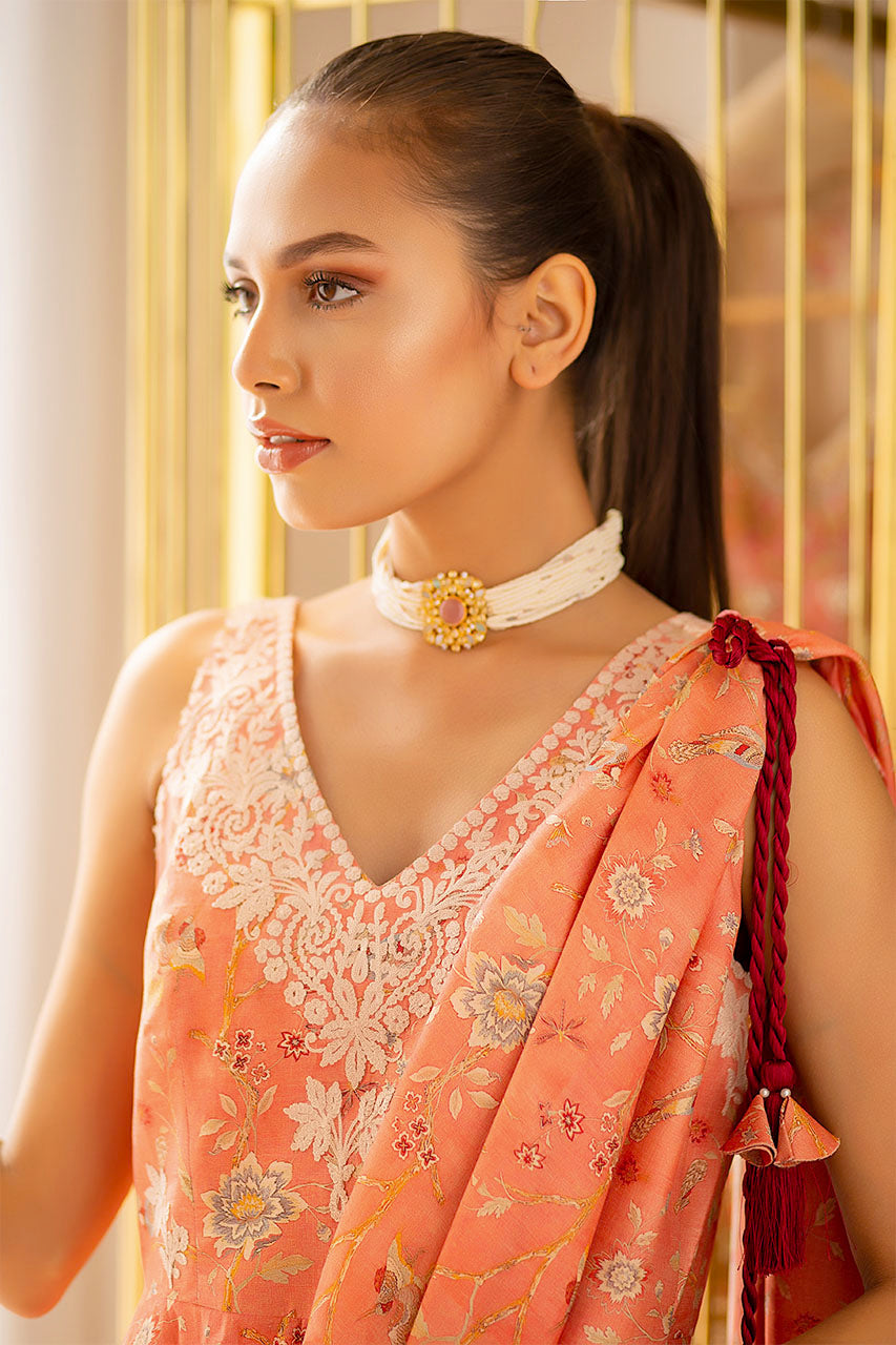 Pakistani Coral Peach Aari Embroidered Khaddi Silk Draped Sari (2-Piece) - Image 4