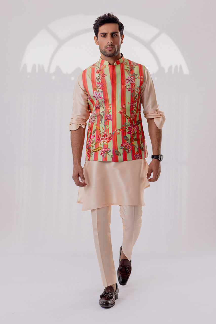 Coral Printed Raw Silk Waistcoat Kurta Set (3-Piece) - Image 1