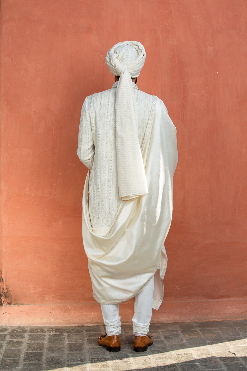 Cream Embroidered Matka Silk Achkan (3-Piece) - Image 5