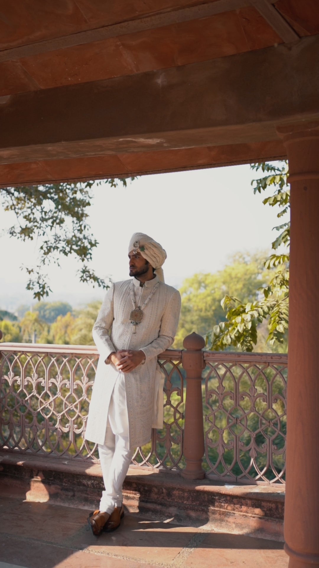 Cream Embroidered Matka Silk Achkan (3-Piece) - Image 6