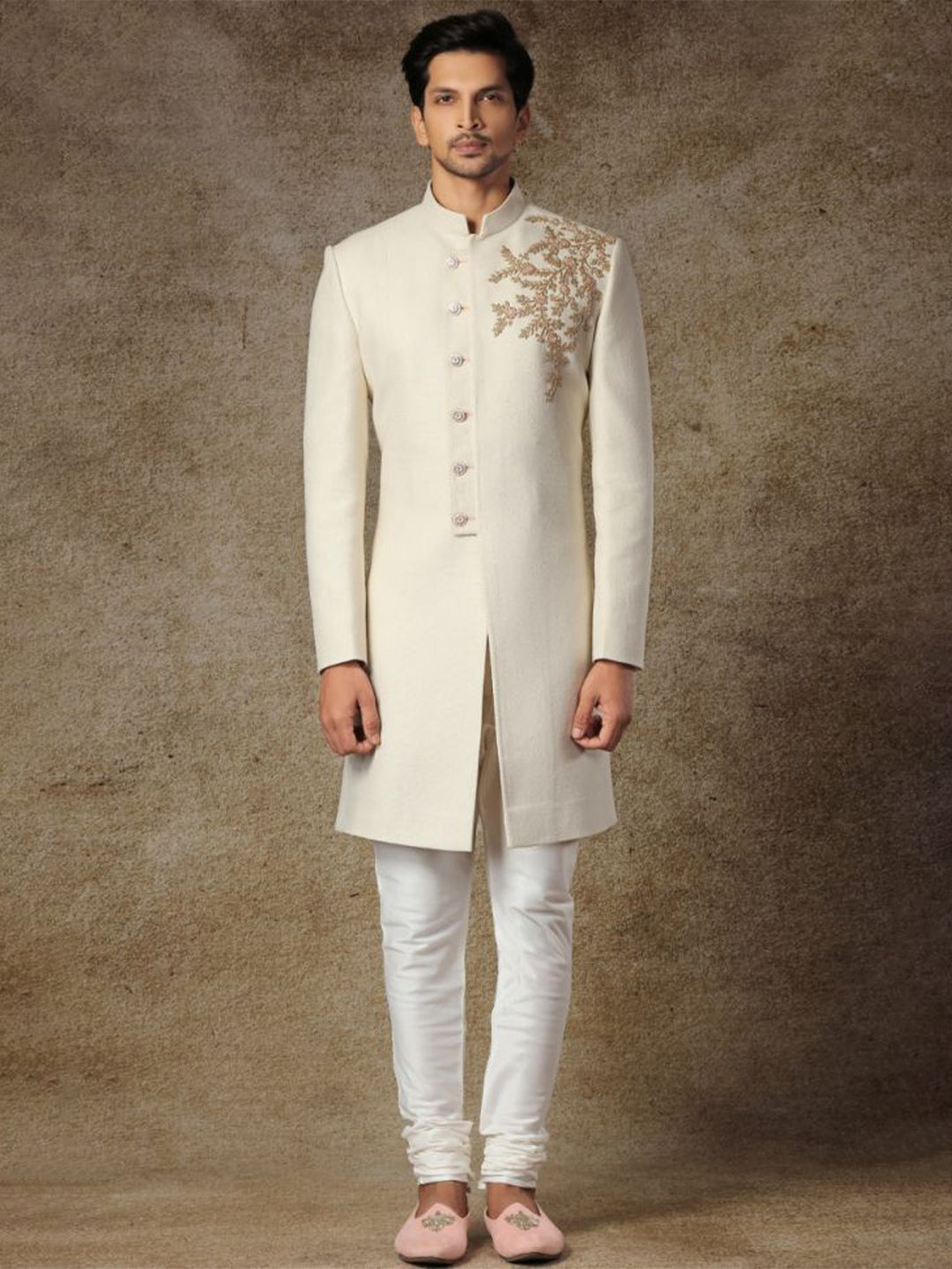 Cream Zardozi Matka Silk Achkan (2-Piece) - Image 1