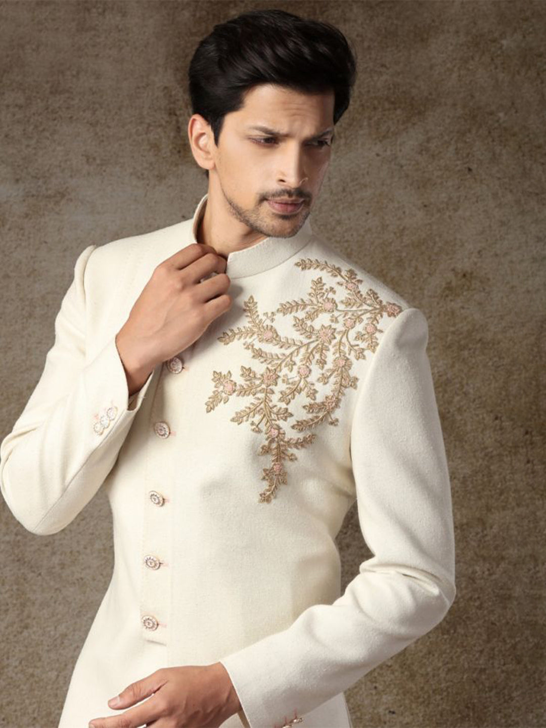 Cream Zardozi Matka Silk Achkan (2-Piece) - Image 2