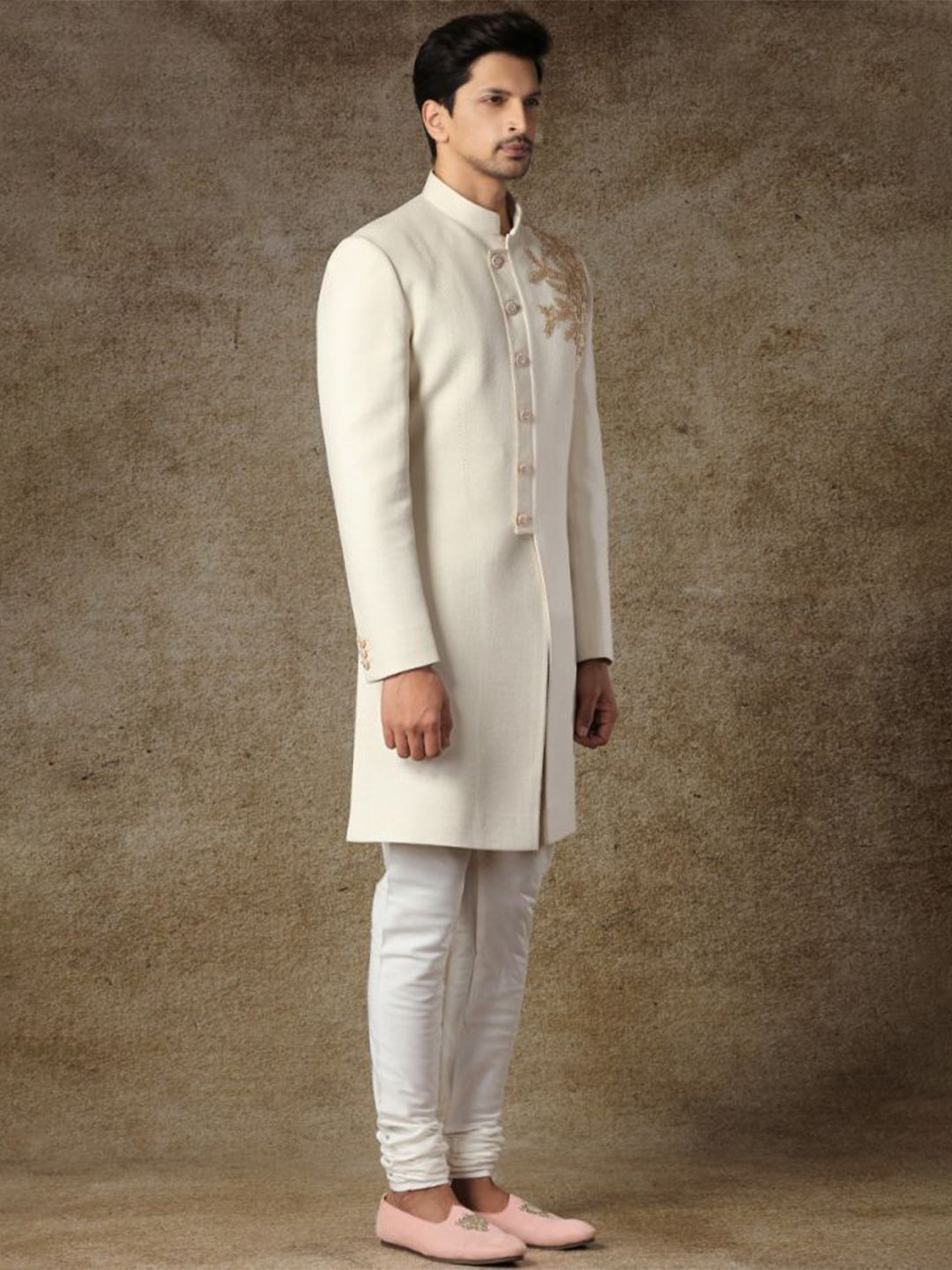 Cream Zardozi Matka Silk Achkan (2-Piece) - Image 3