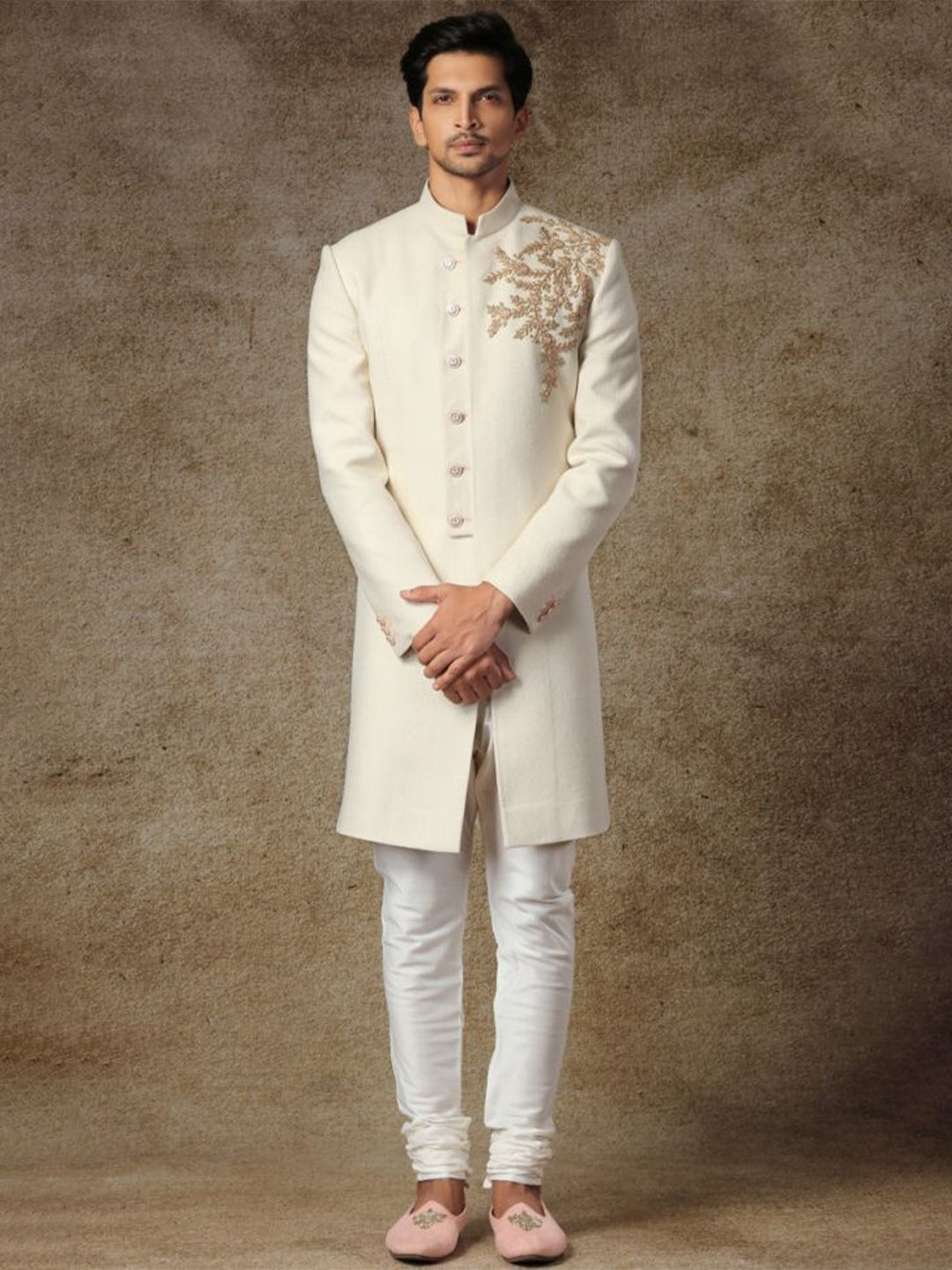 Cream Zardozi Matka Silk Achkan (2-Piece) - Image 4