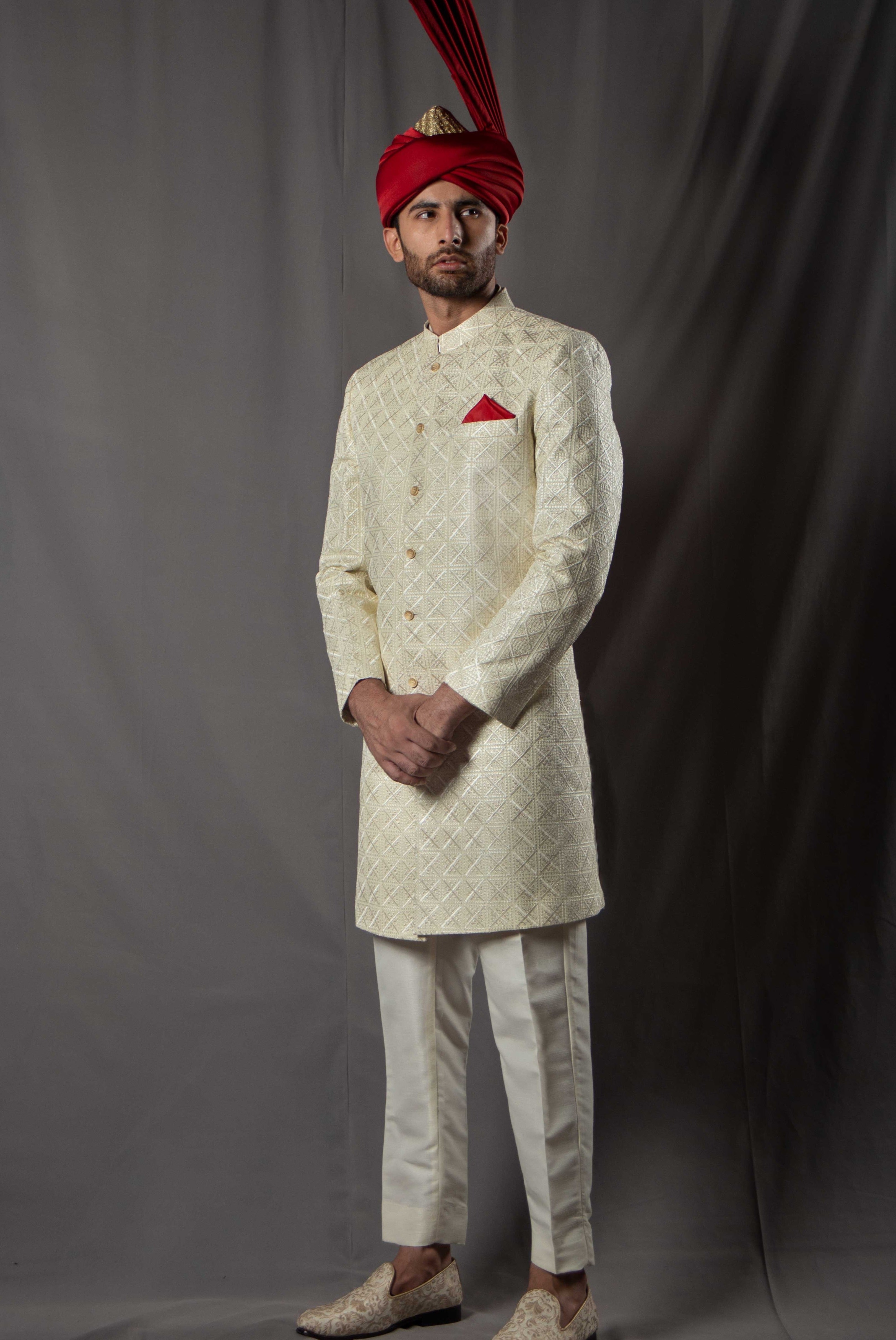 Cream Geometric Jacquard Achkan Sherwani (2-Piece) - Image 1