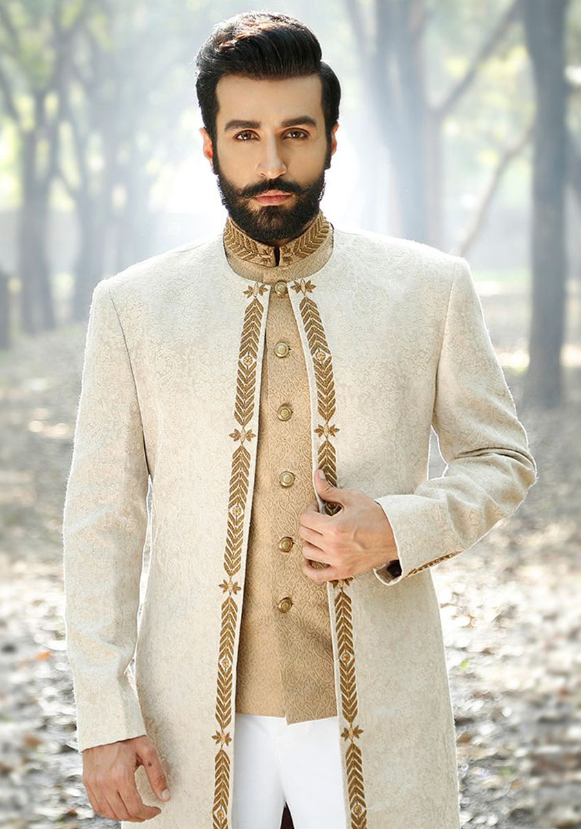 Cream Jamawar Achkan Sherwani with Gold Embroidery (2-Piece) - Image 1