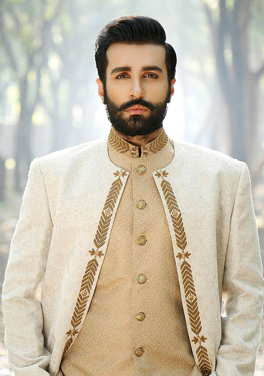 Cream Jamawar Achkan Sherwani with Gold Embroidery (2-Piece) - Image 2
