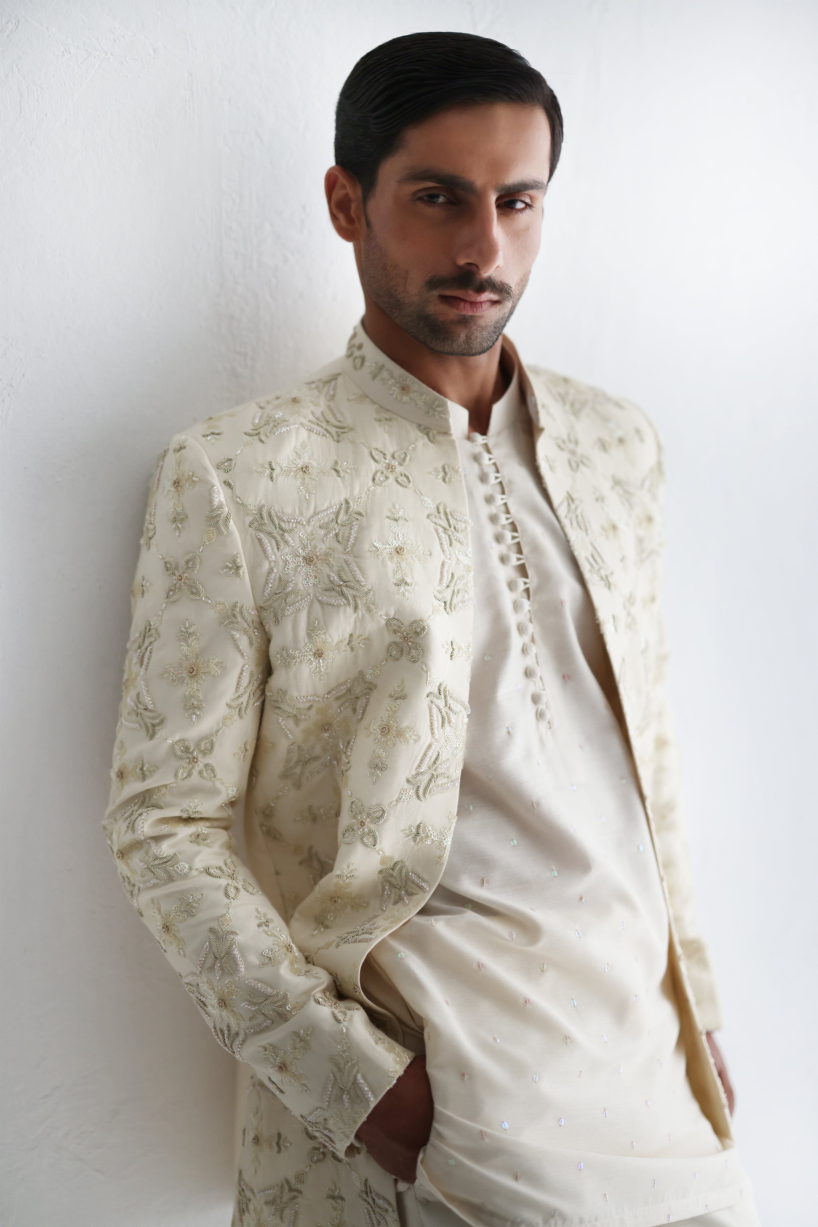Light Cream Embroidered Raw Silk Short Sherwani (3-Piece) - Image 2