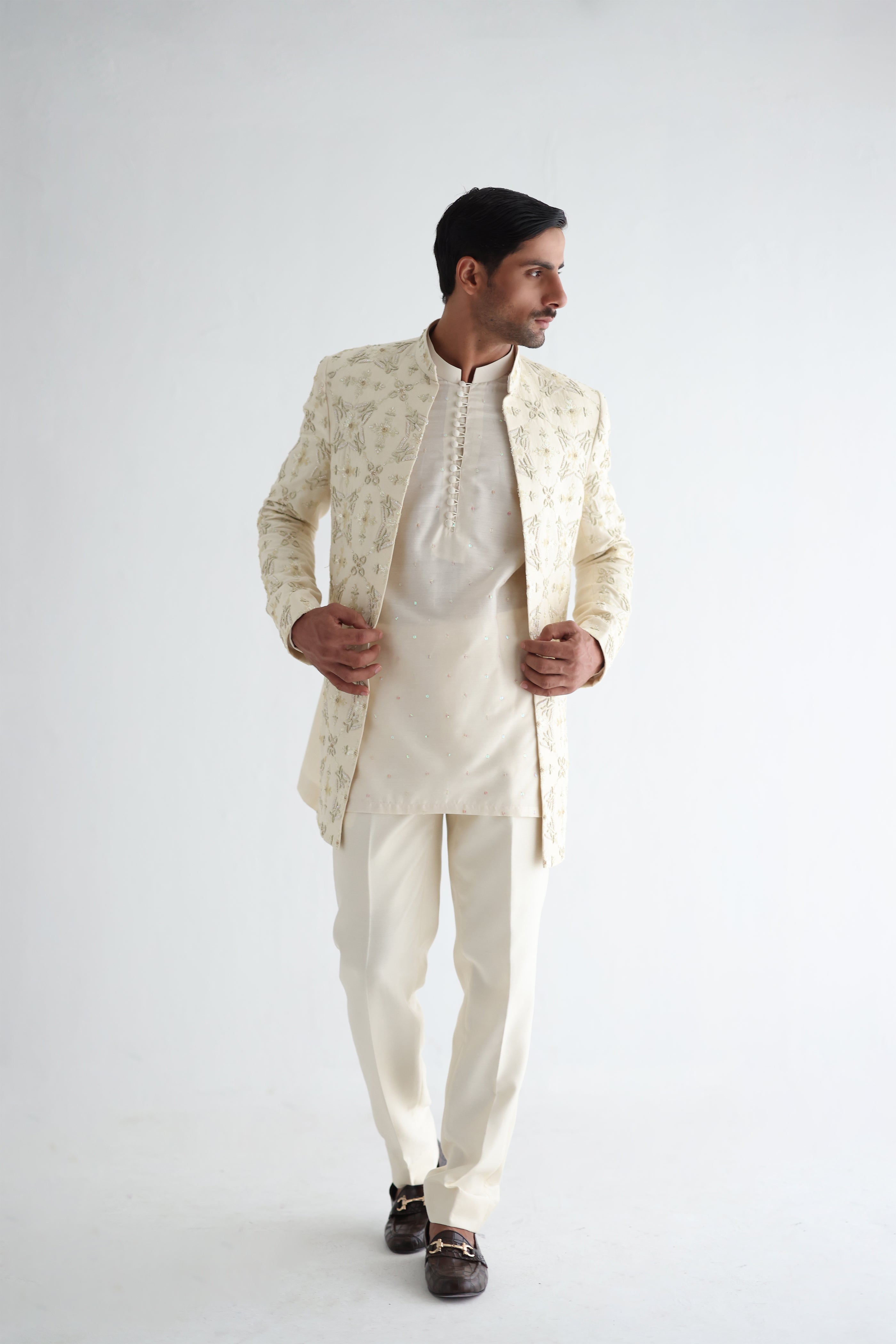 Light Cream Embroidered Raw Silk Short Sherwani (3-Piece) - Image 3