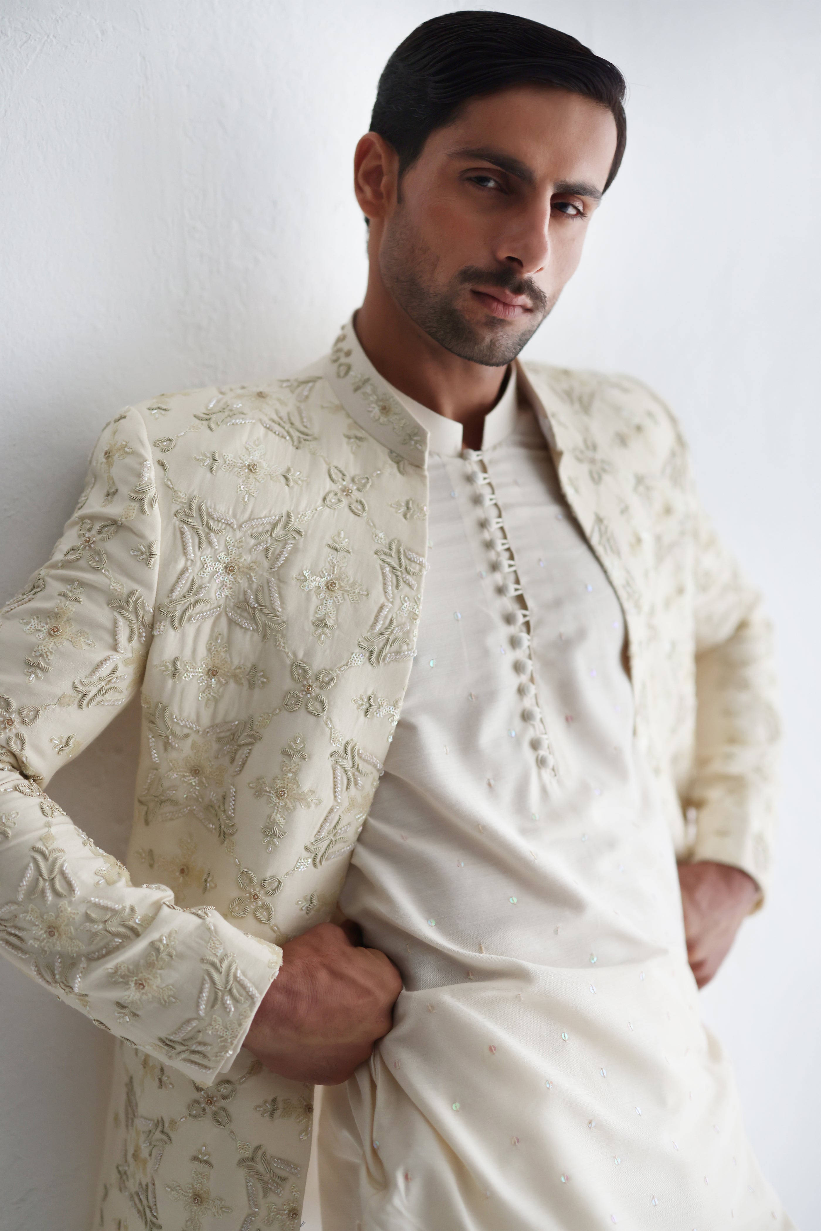 Light Cream Embroidered Raw Silk Short Sherwani (3-Piece) - Image 4
