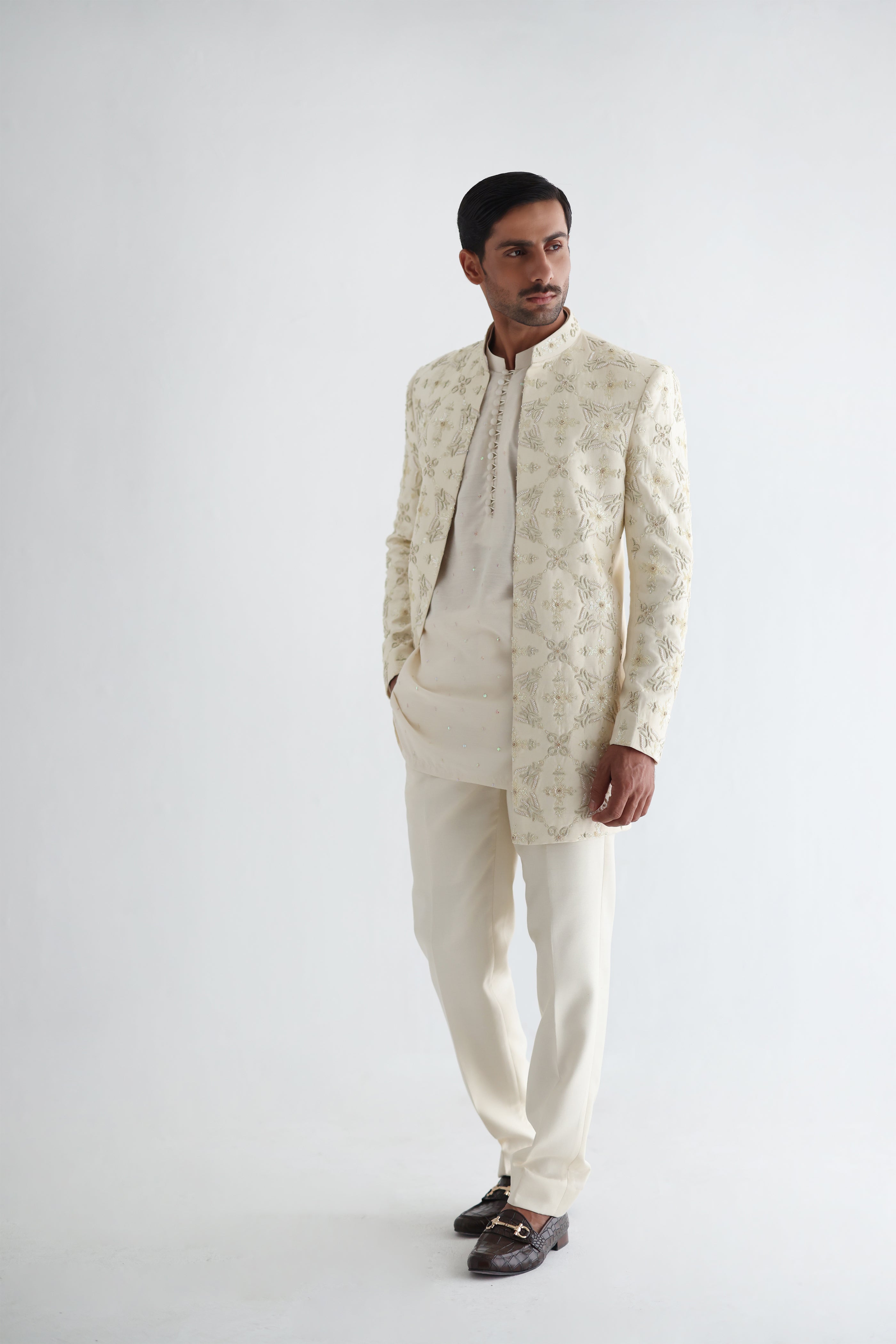 Light Cream Embroidered Raw Silk Short Sherwani (3-Piece) - Image 5