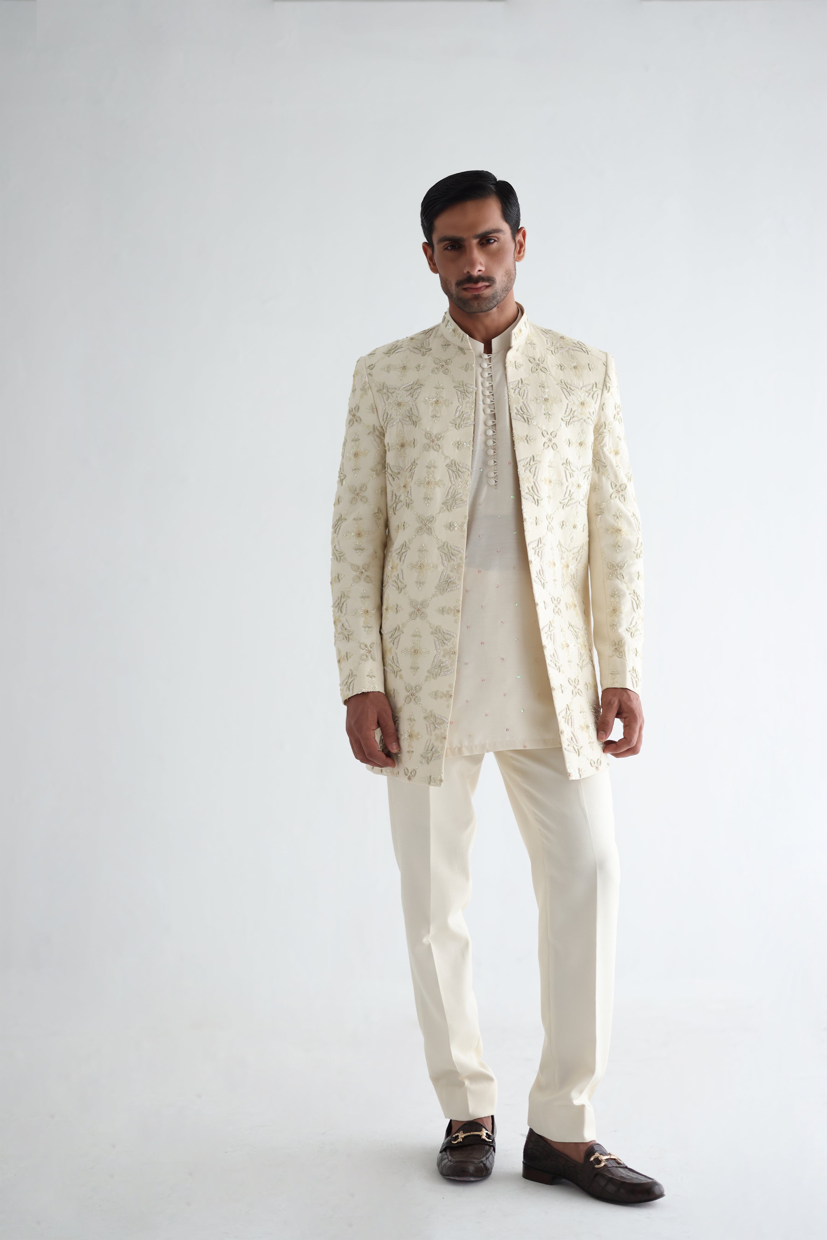 Light Cream Embroidered Raw Silk Short Sherwani (3-Piece) - Image 6