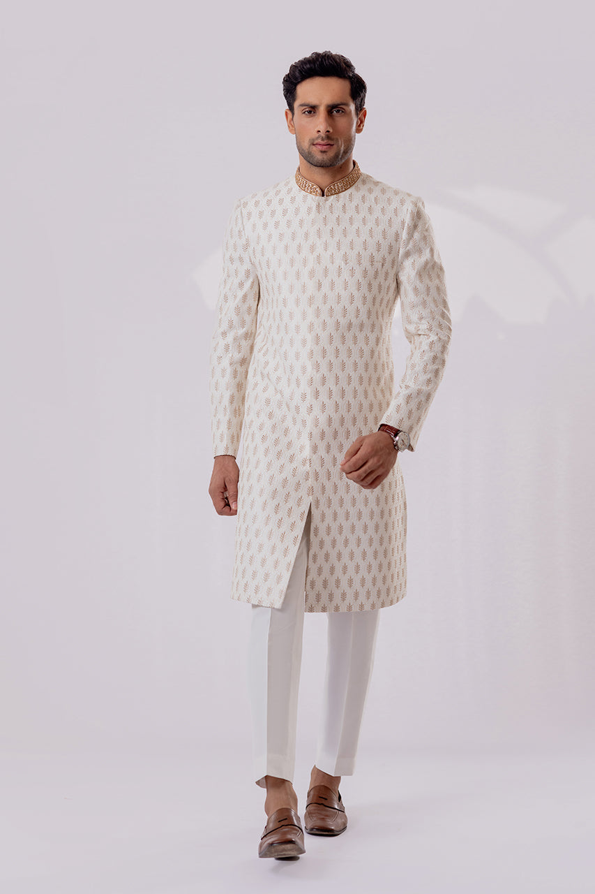 Cream Textured Embroidered Raw Silk Sherwani (2-Piece) - Image 1