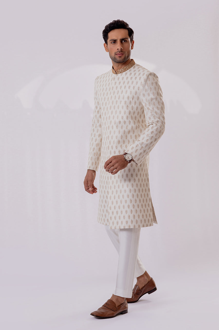 Cream Textured Embroidered Raw Silk Sherwani (2-Piece) - Image 2