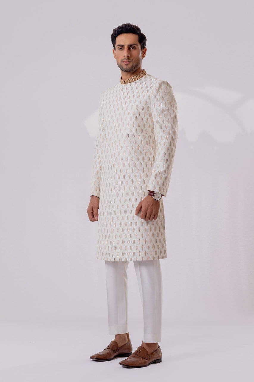 Cream Textured Embroidered Raw Silk Sherwani (2-Piece) - Image 3