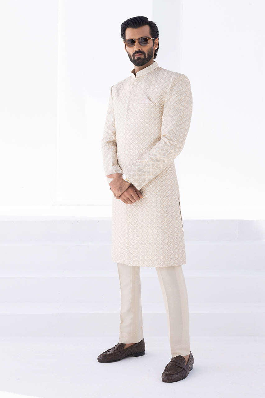 Cream Self-Embroidered Raw Silk Sherwani (2-Piece) - Image 2