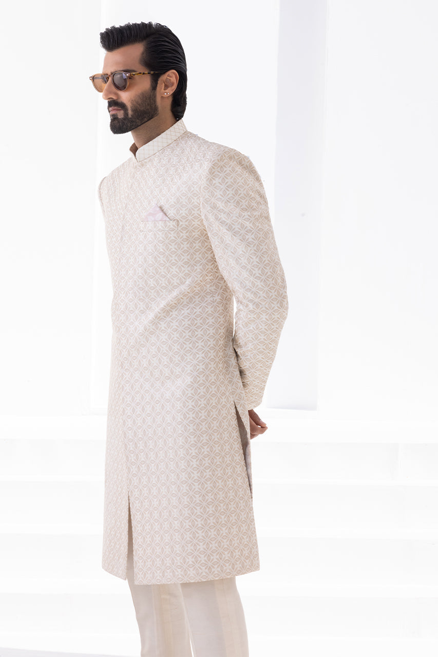 Cream Self-Embroidered Raw Silk Sherwani (2-Piece) - Image 3