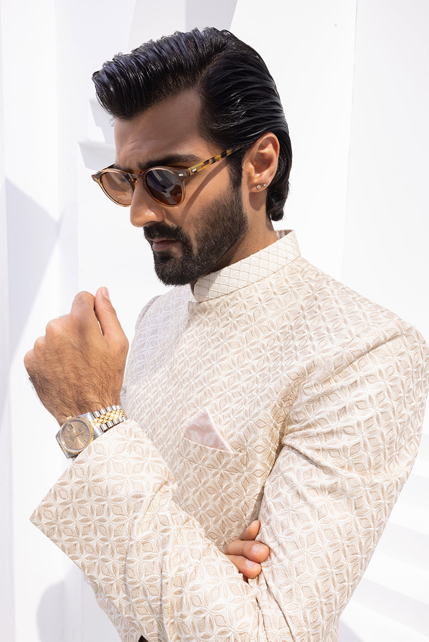 Cream Self-Embroidered Raw Silk Sherwani (2-Piece) - Image 5