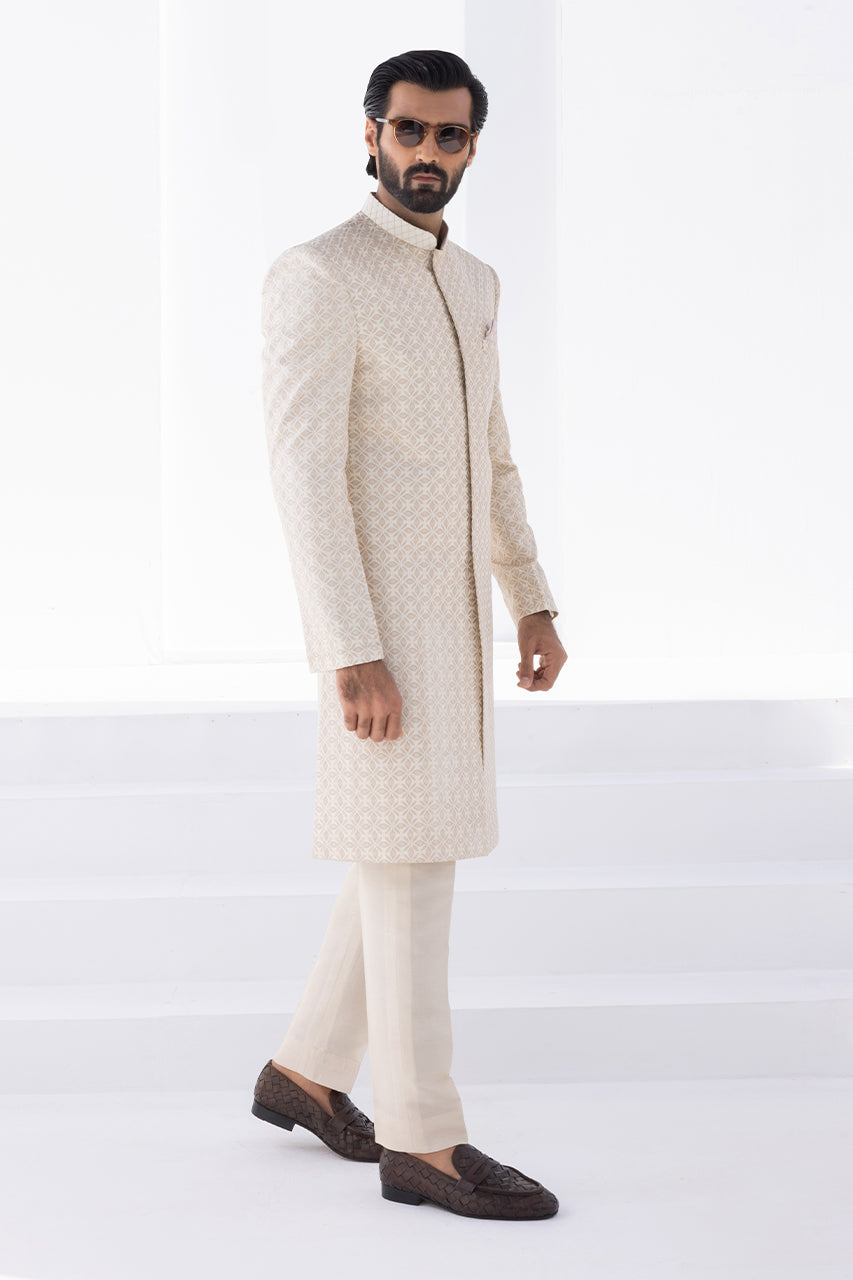 Cream Self-Embroidered Raw Silk Sherwani (2-Piece) - Image 6