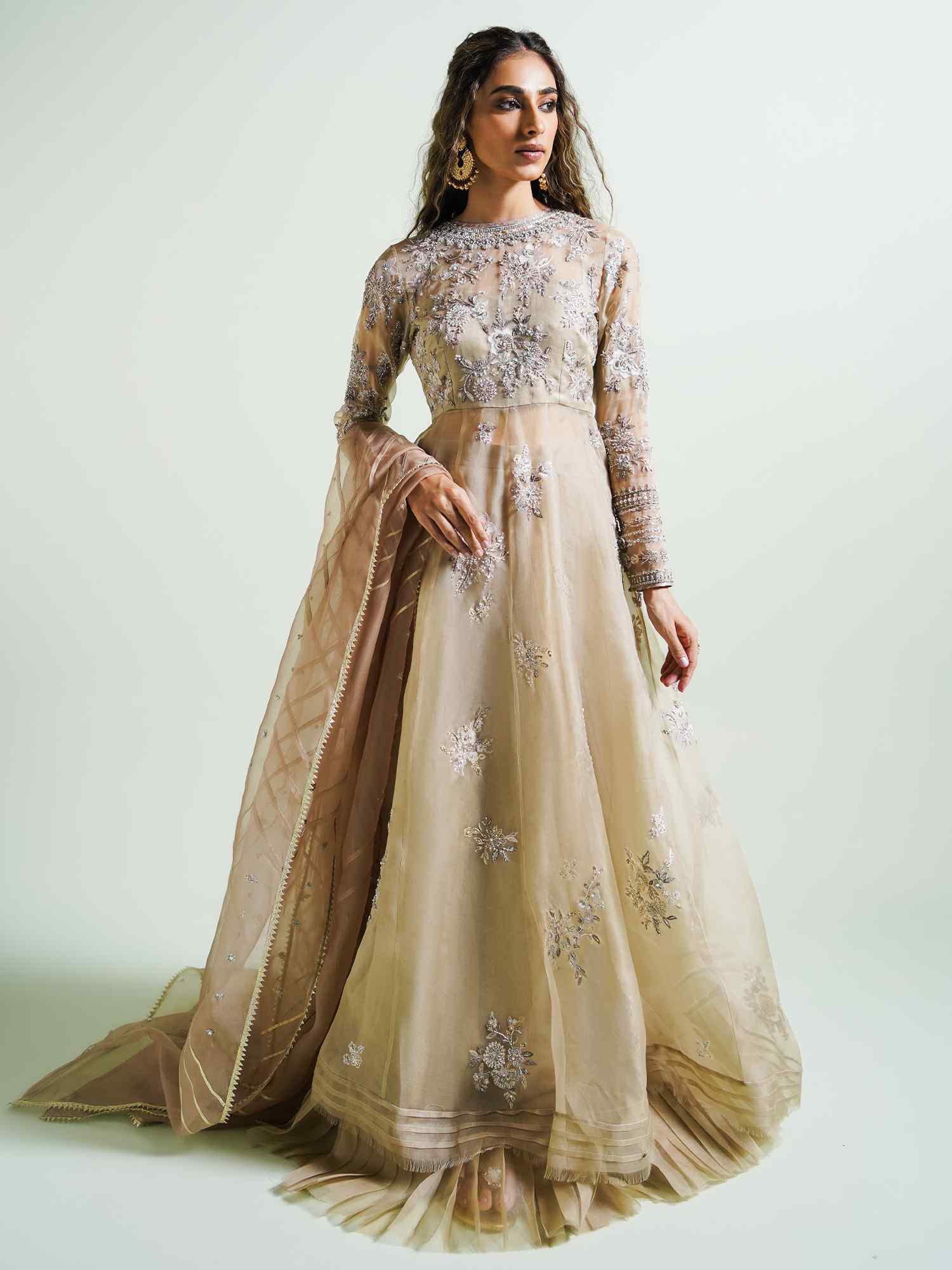 Pakistani Cream & Pale Pink Embroidered Organza Anarkali (2-Piece) - Image 1